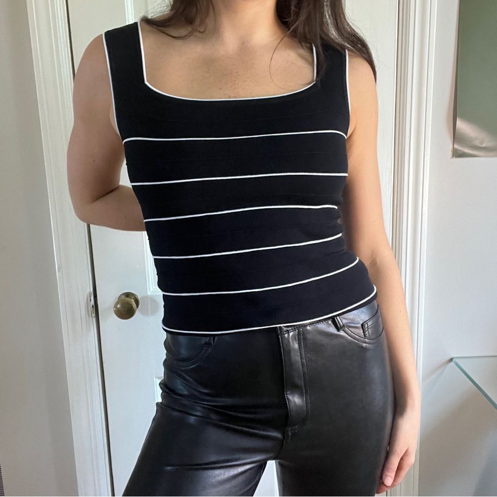 Vintage 90s black and white stripes knit bandage tank top with square neck line
